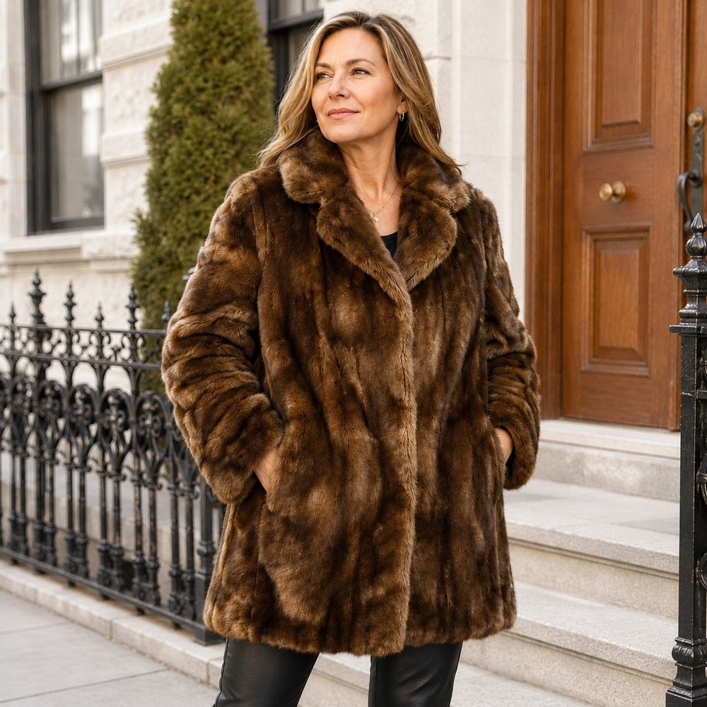 Vintage Dubrowsky Perlbinder Tissavel Faux Fur Coat Brown 40 Union Made